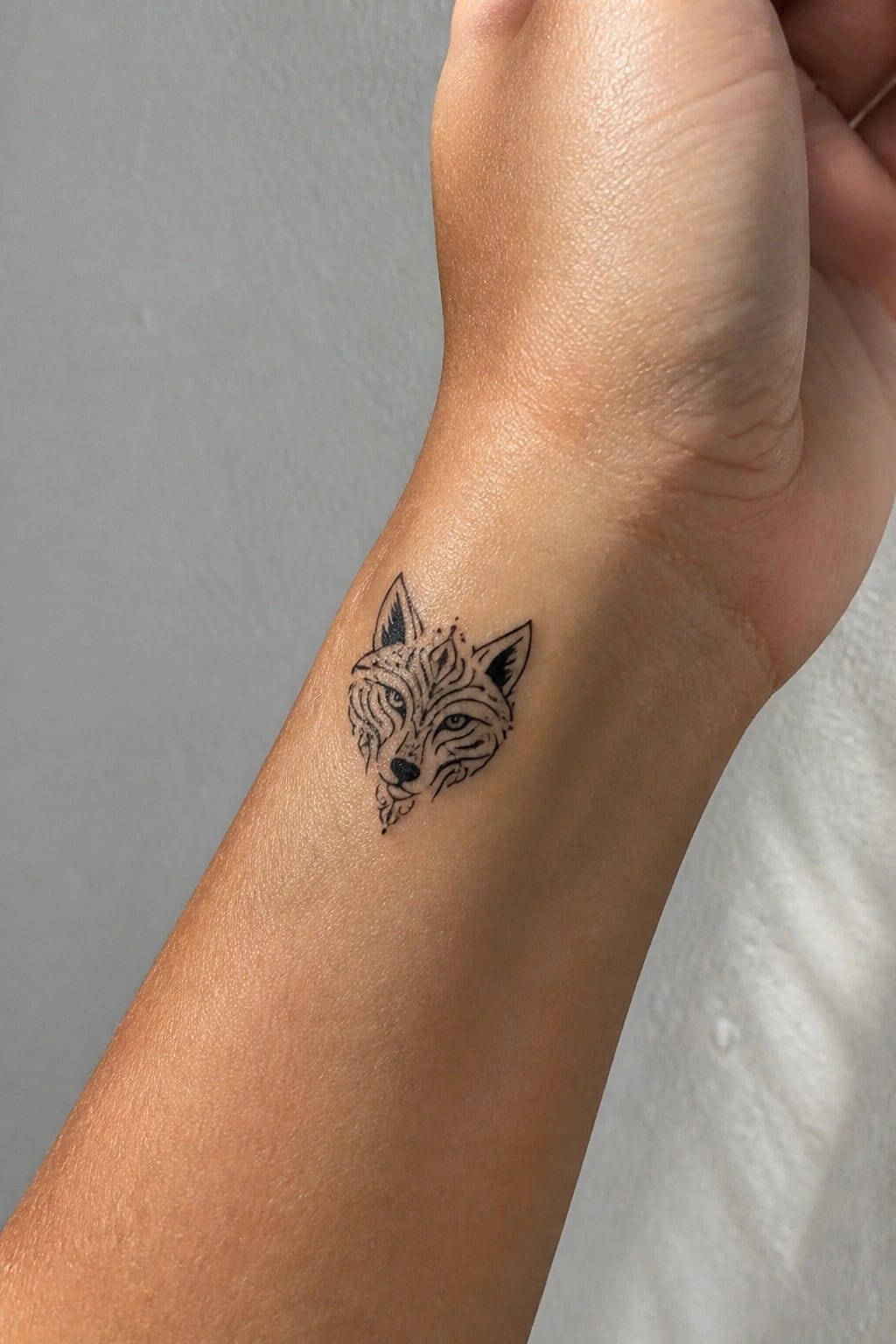 Small fine line wolf head tattoo on the inner wrist