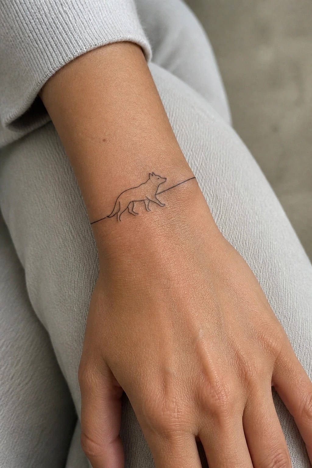Minimalist wolf line tattoo on wrist, light gray sweater sleeve visible.