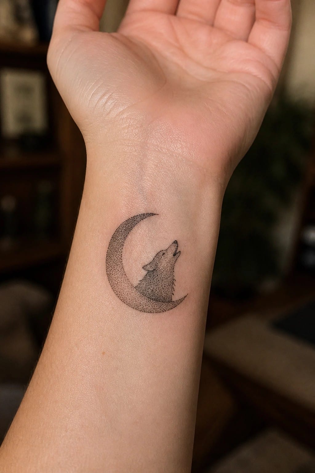 Black dotwork tattoo of howling wolf inside crescent moon on wrist.