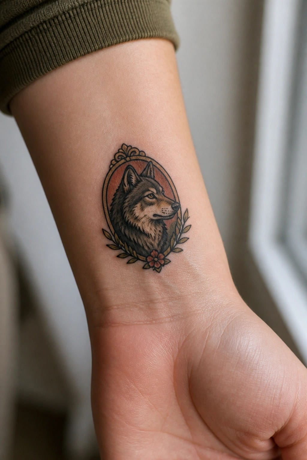 Small wolf head tattoo inside an ornate oval frame on a woman's wrist, with laurel leaves and a flower at the bottom.