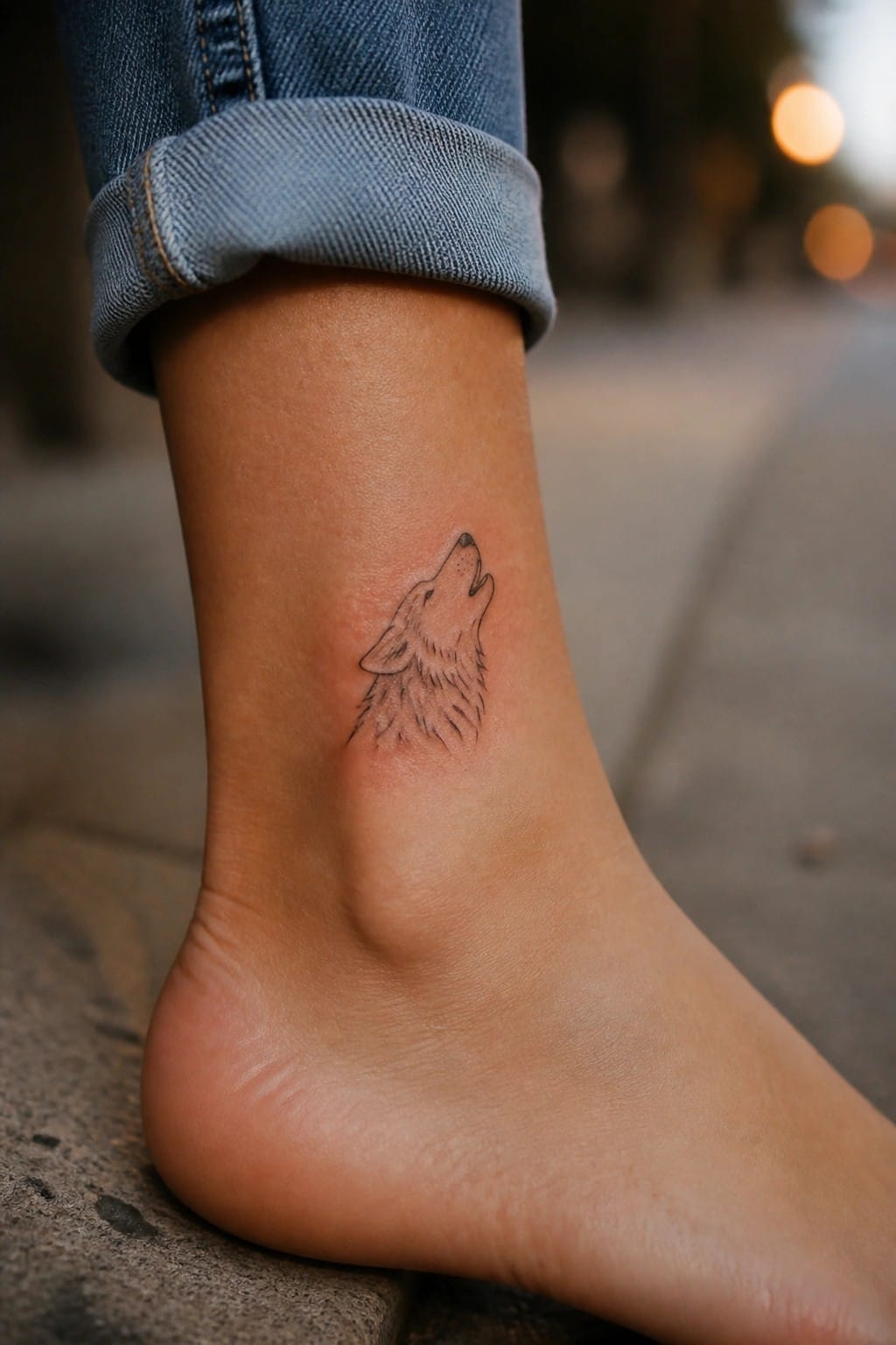 Small fine line wolf head tattoo on the ankle showing a howling profile view.