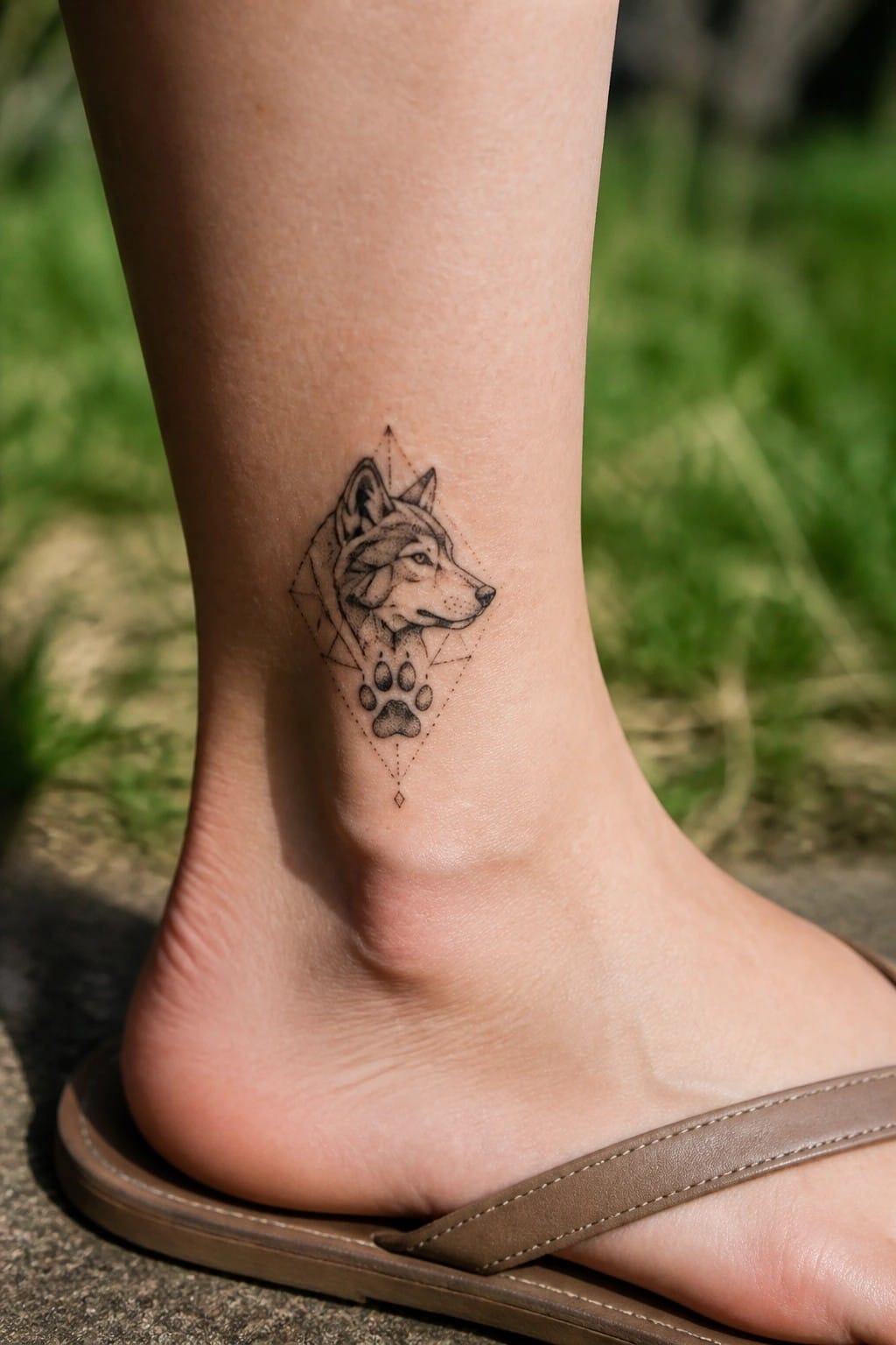 Small geometric wolf head tattoo with paw prints on the ankle