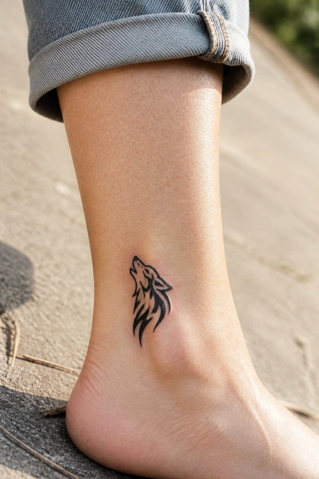 Small black wolf head tattoo on ankle in profile howling upward