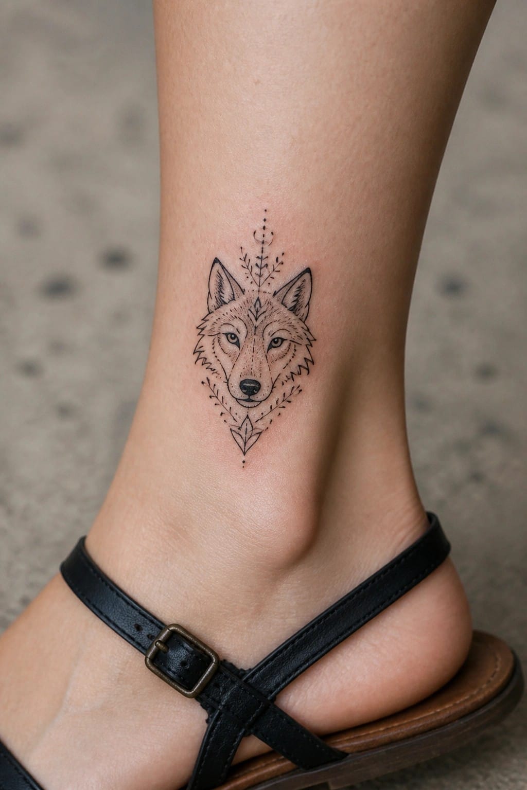 Small fine line wolf head tattoo on a woman's ankle with minimal leaf details above and below