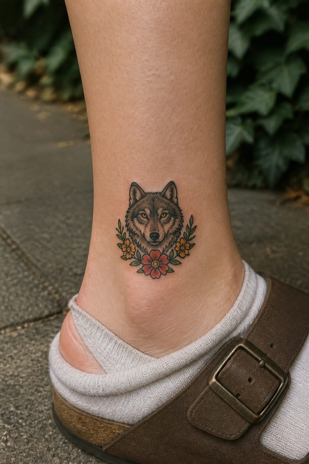 Small wolf head tattoo on the ankle with flowers below it