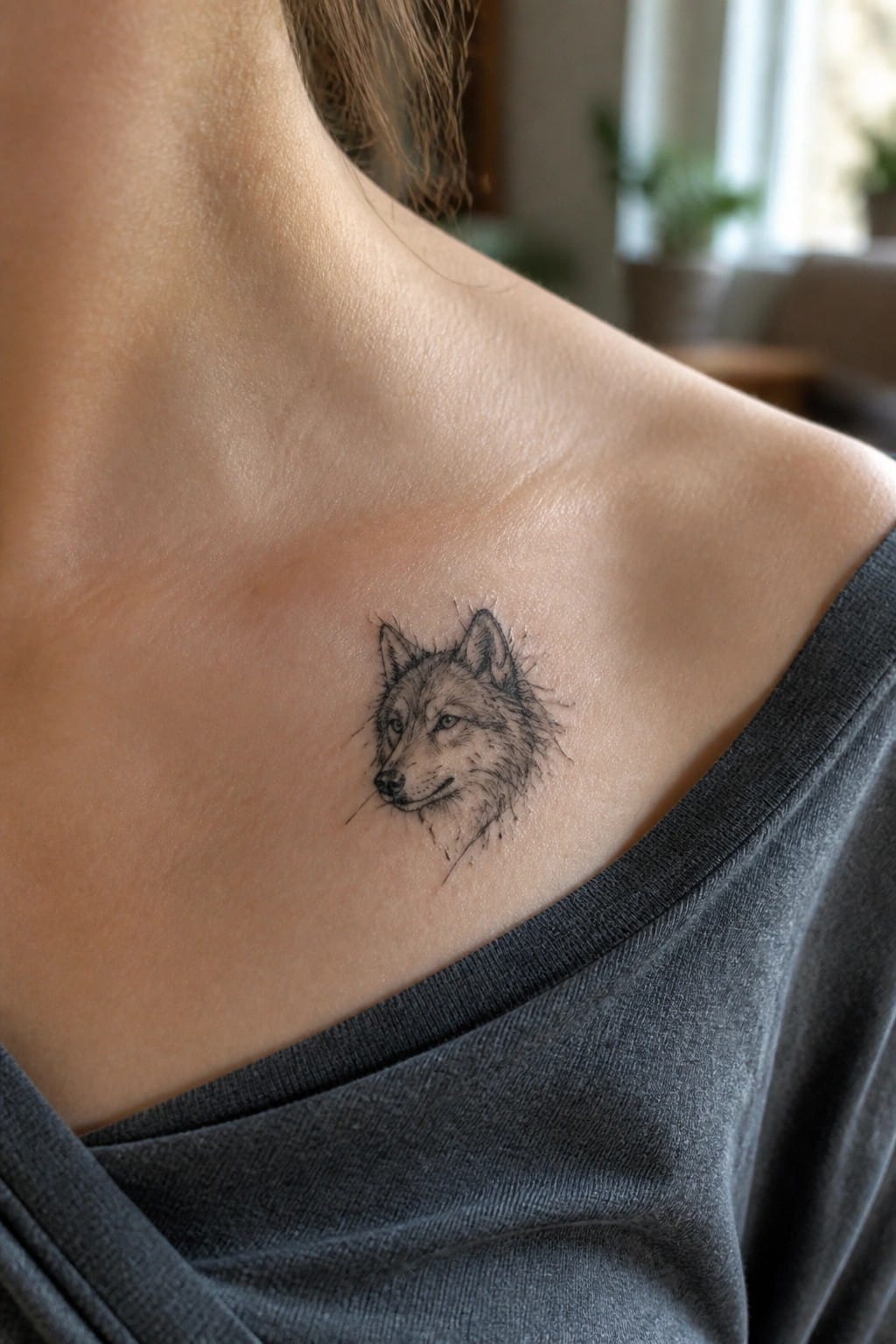 Wolf head tattoo on fair skin above dark gray shirt neckline.