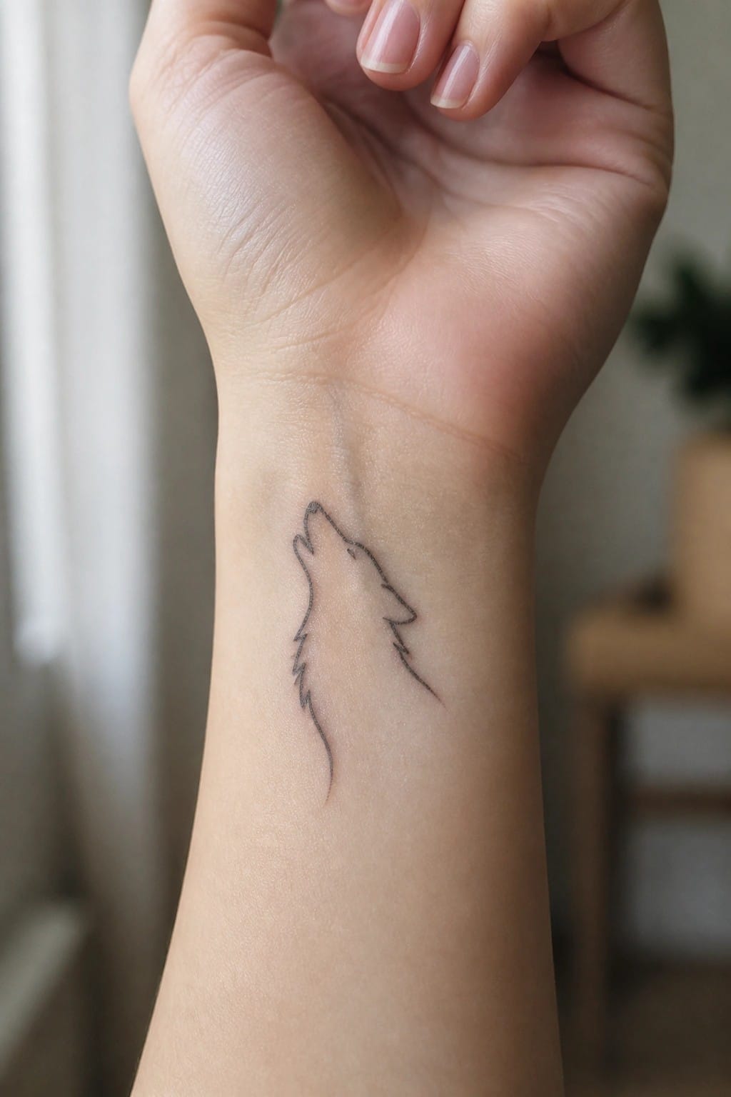 Minimalist black line-art wolf tattoo on a person's inner wrist