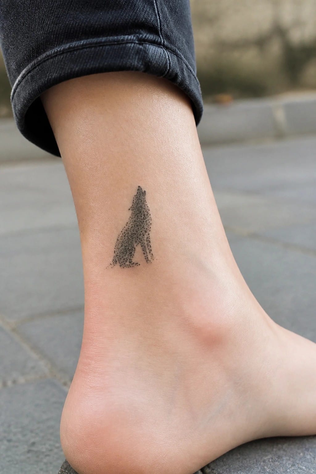 Small dotted wolf tattoo on the ankle showing a howling silhouette in dotwork style