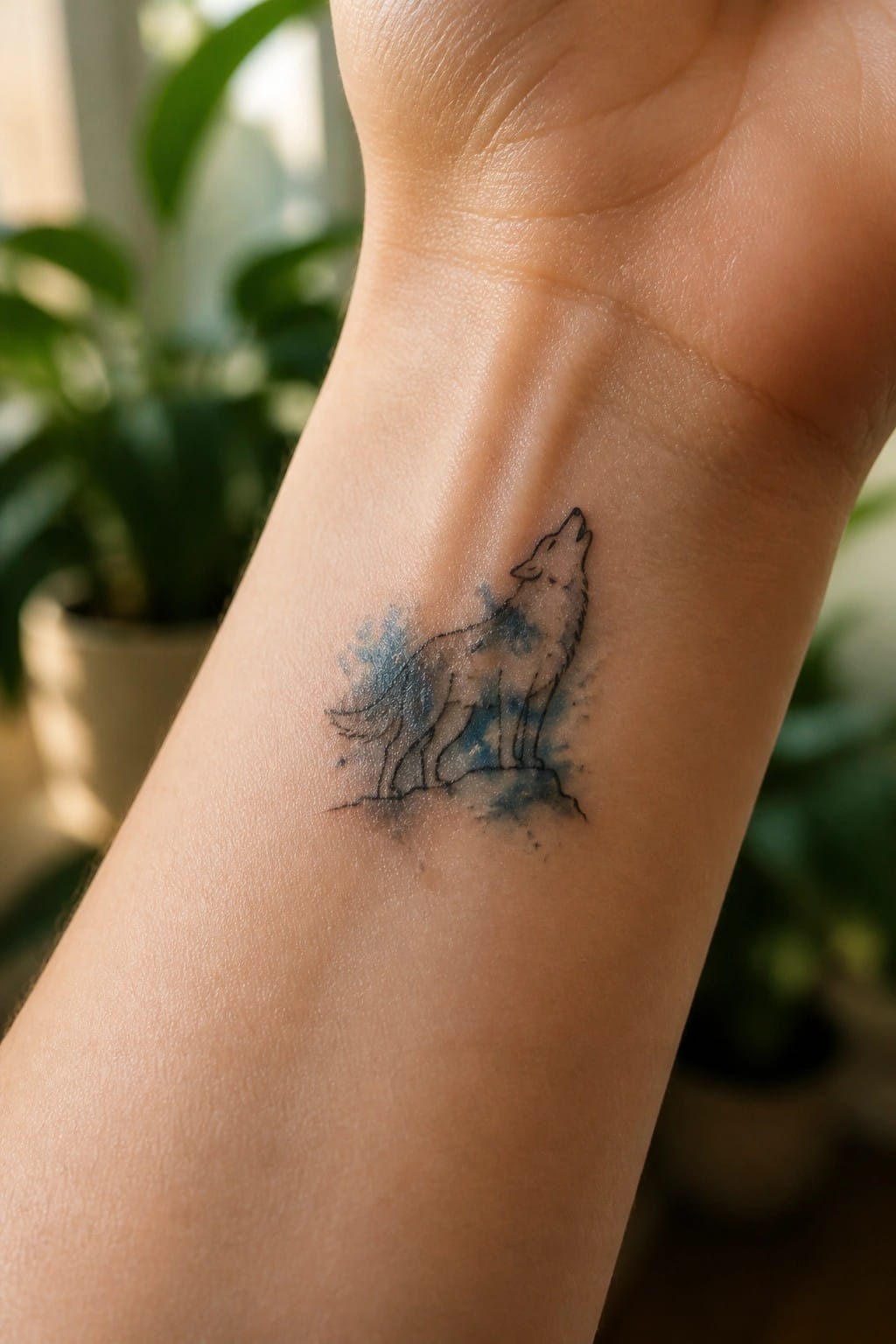 Small wolf tattoo on the wrist with black outline and blue watercolor accents around the body.