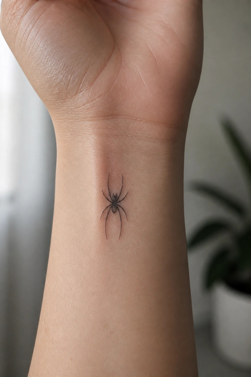 Small fine line spider tattoo on the inner wrist