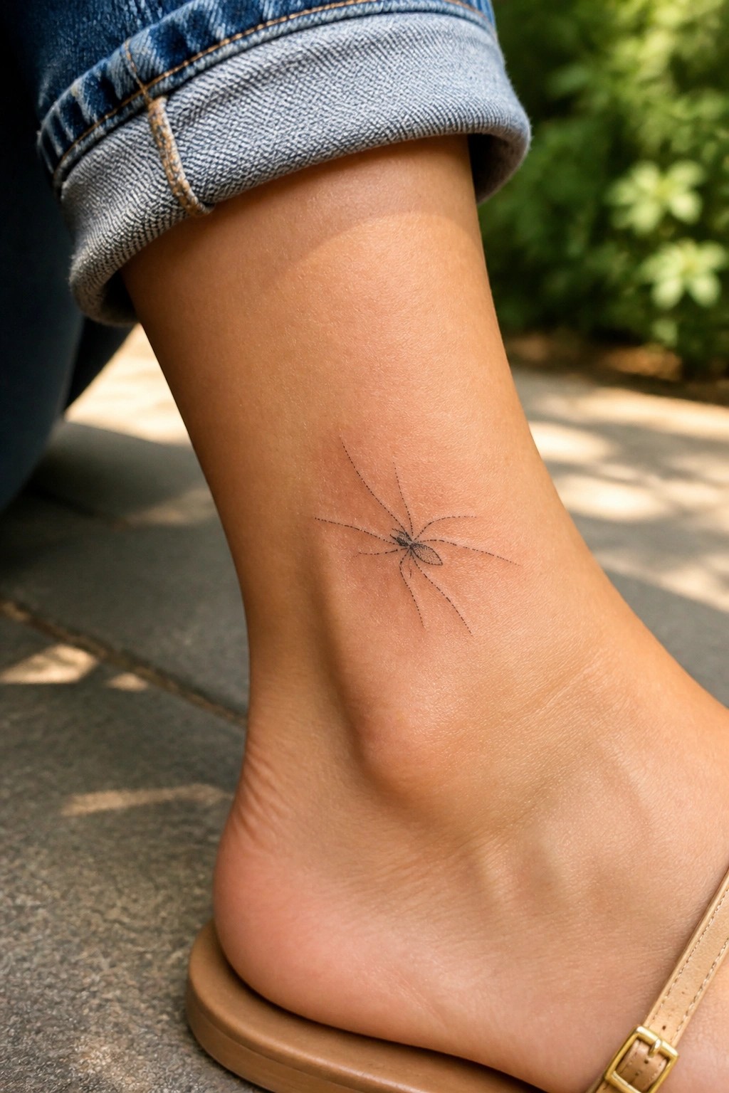 Fine line spider tattoo on the outer ankle of a woman wearing rolled up jeans and a sandal.