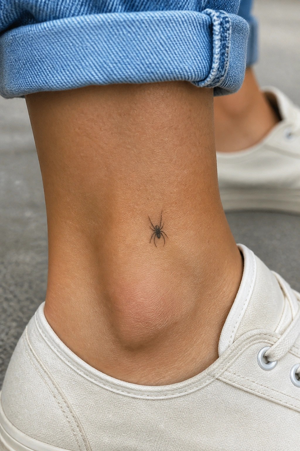 Small spider tattoo on ankle below rolled blue jeans and white sneaker