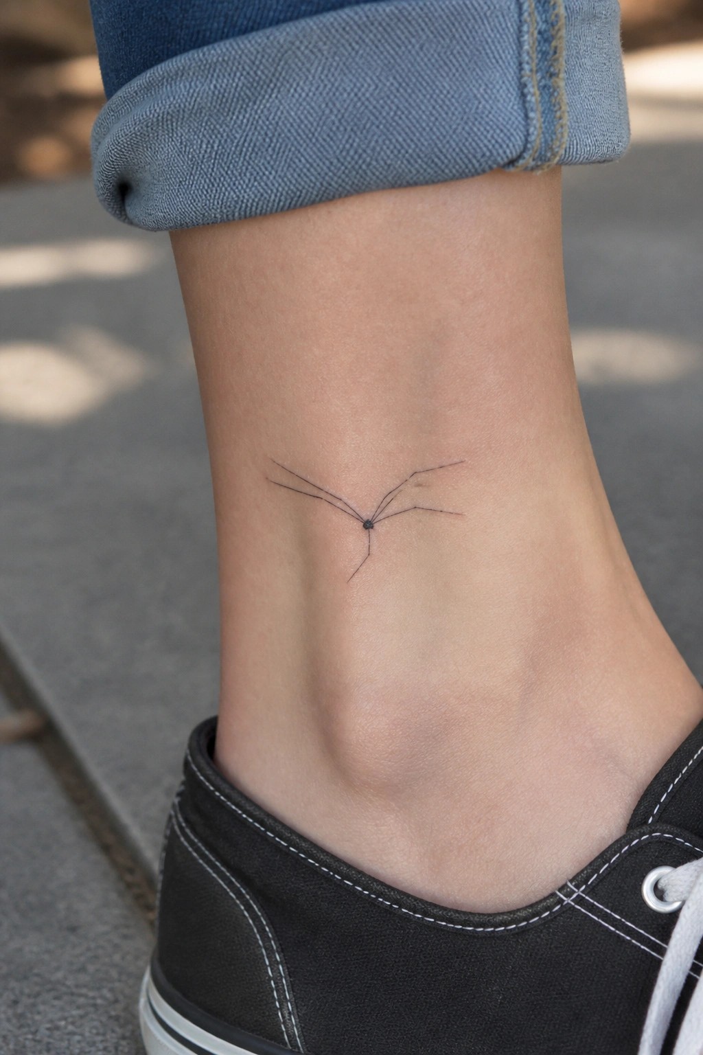 Tiny minimalist spider tattoo on the ankle with fine lines radiating from a central dot