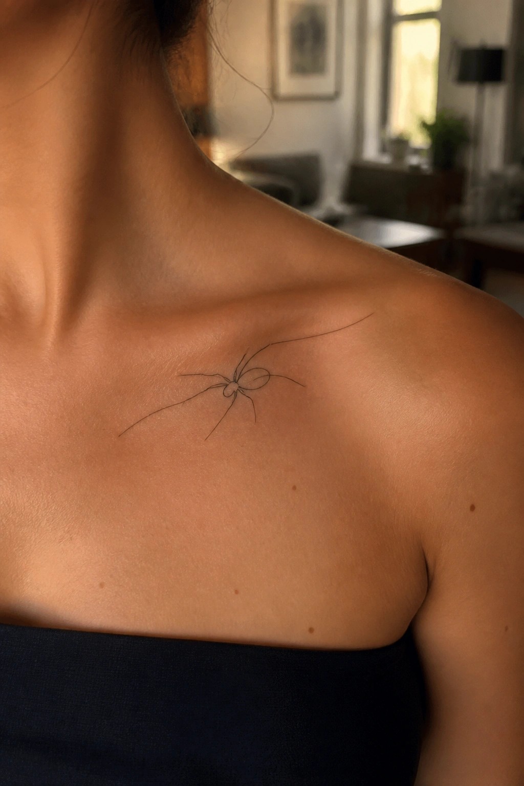Small black line art spider tattoo placed on the collarbone of a woman.