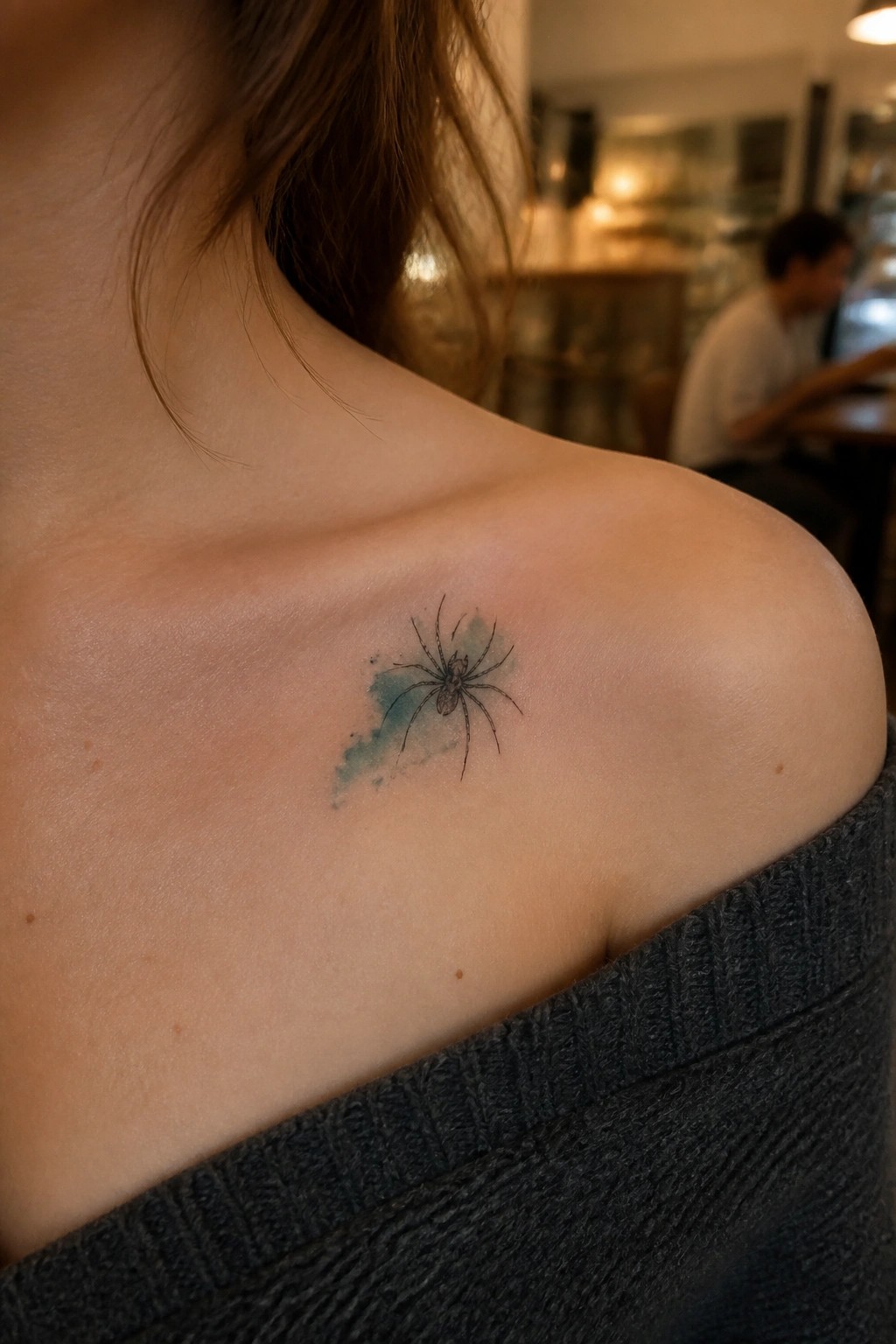 Small fine line spider tattoo with blue watercolor on a woman's shoulder
