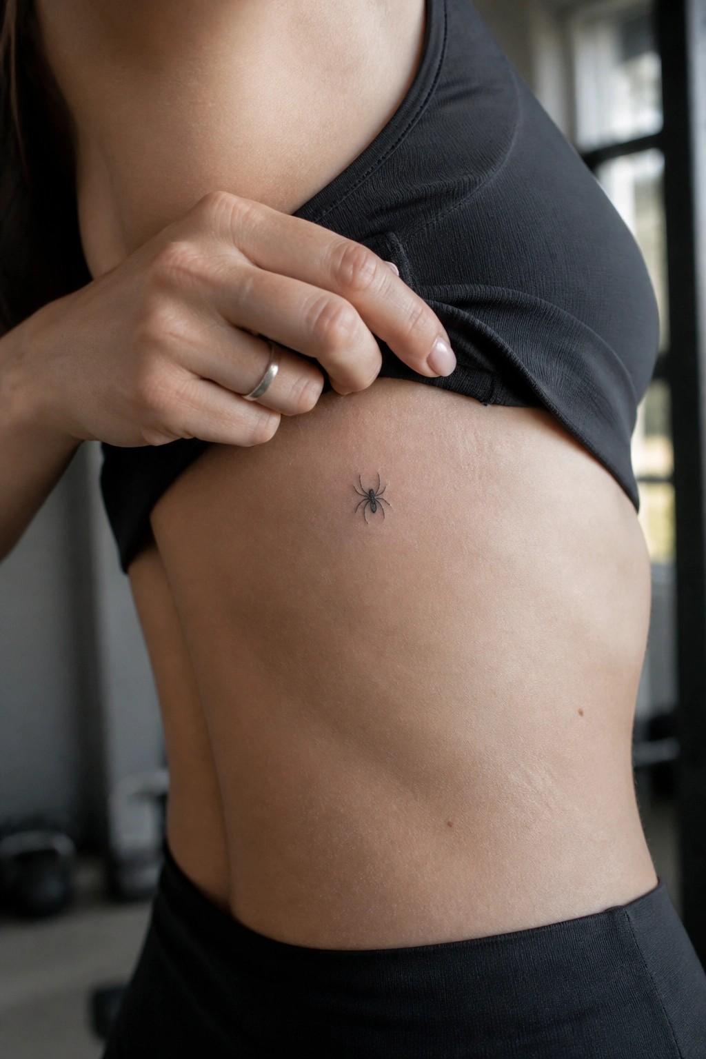 Hand lifts black crop top revealing spider tattoo on toned abdomen