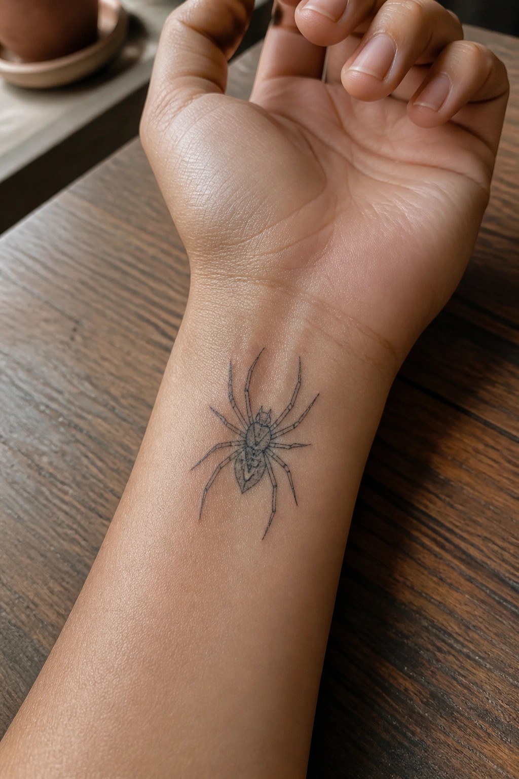 Fine line spider tattoo on the inner wrist of a hand resting on a wooden table.