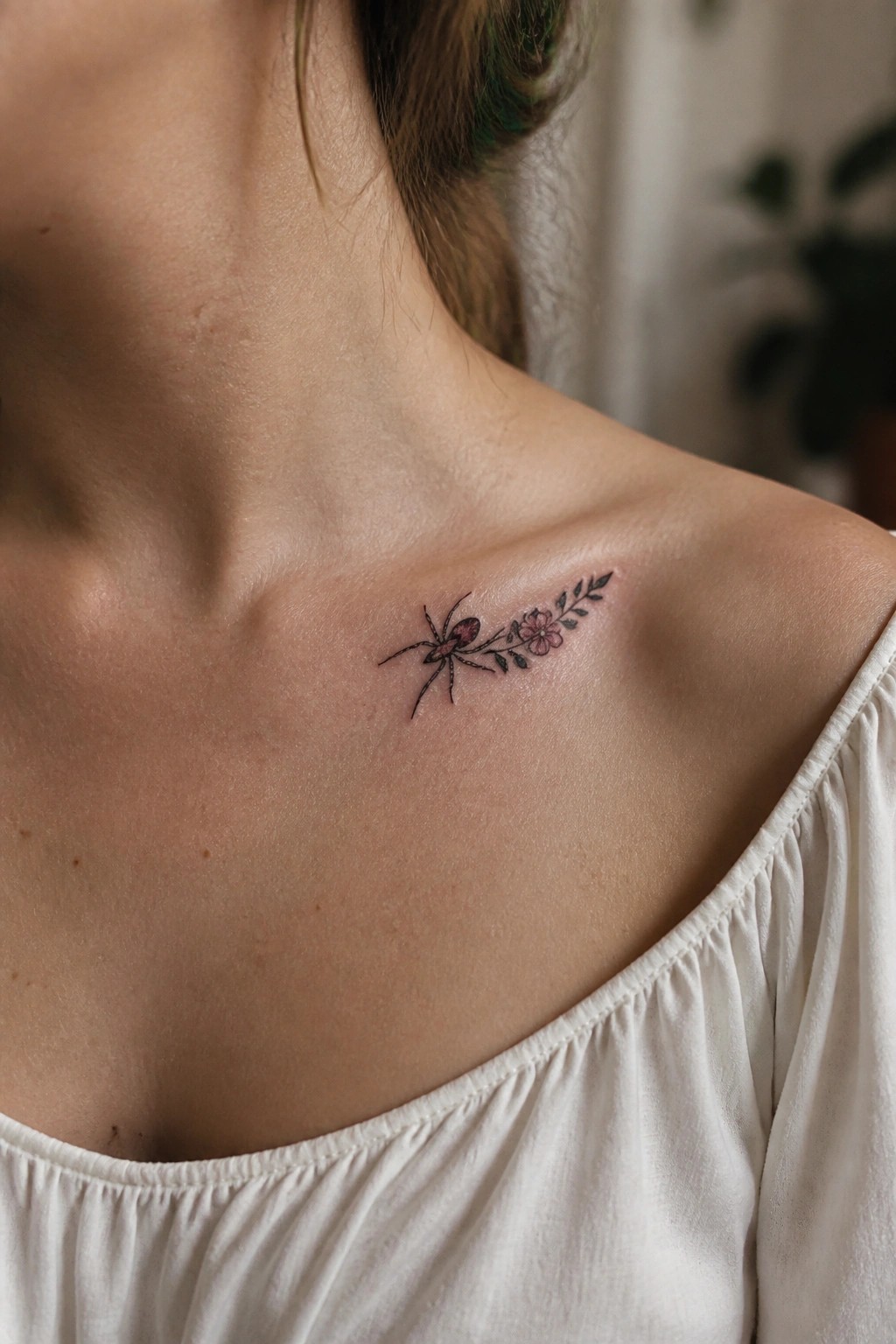 Spider and pink flower tattoo on shoulder above white off-shoulder top