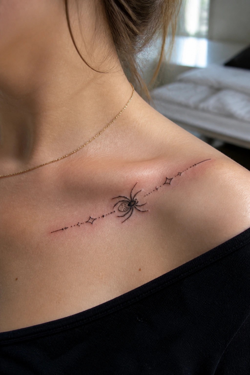Spider tattoo with dotted stars on shoulder, gold necklace, black top