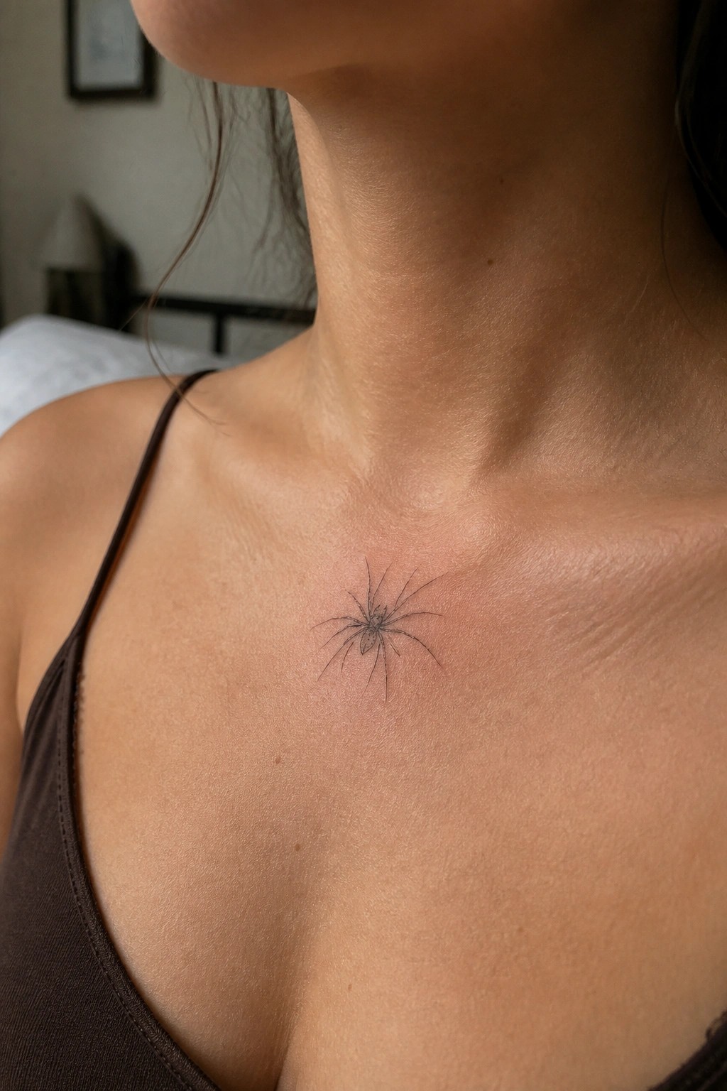 fine line spider tattoo on the collarbone of a woman