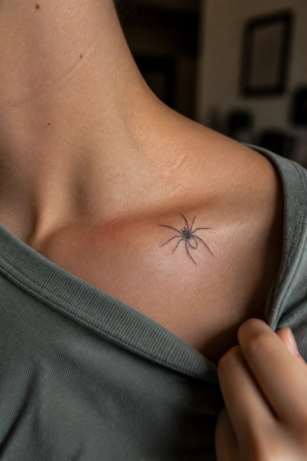 Small fine line spider tattoo placed on the collarbone of a person wearing a gray top.