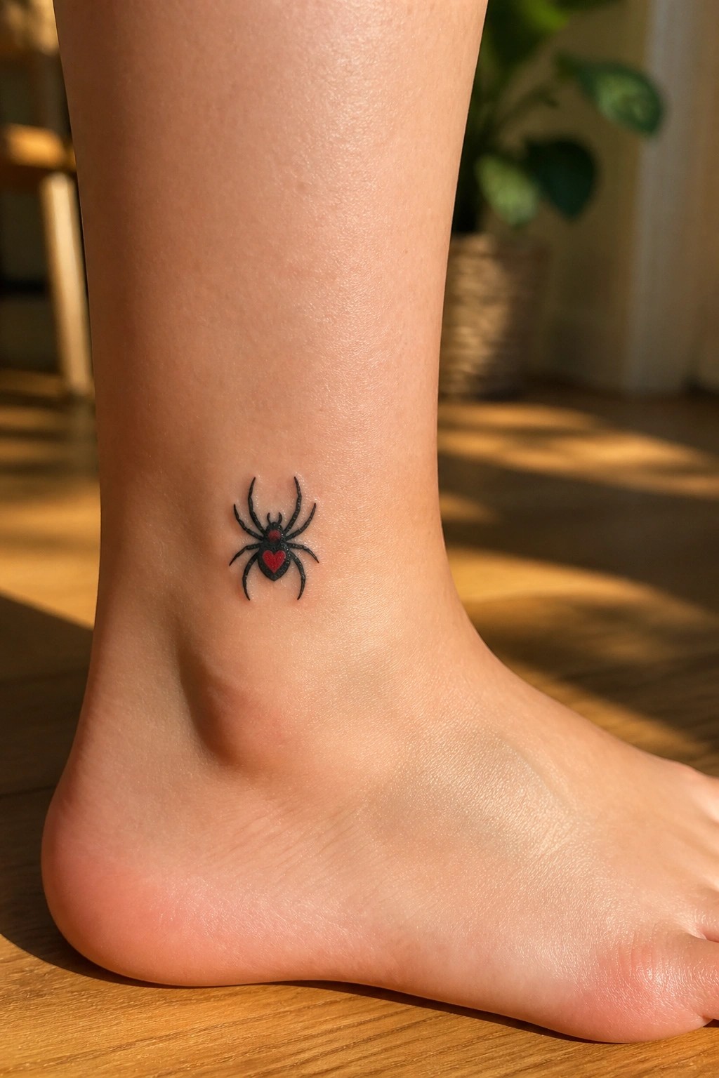 Small black spider tattoo with red heart on ankle in sunlight