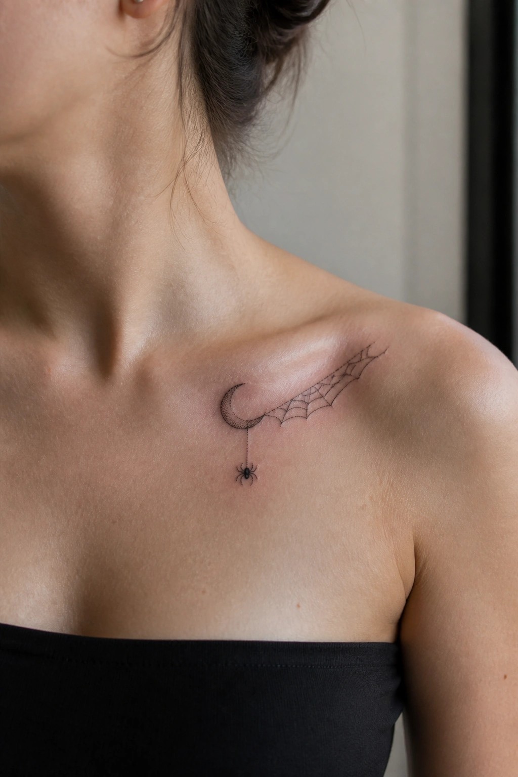 Woman's shoulder with crescent moon, spiderweb, and dangling spider tattoo over black top