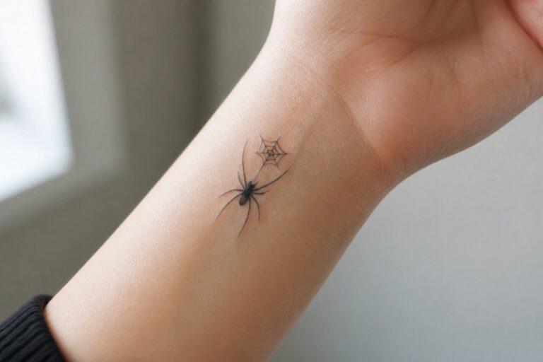 Fine line black spider and web tattoo on the inner wrist.