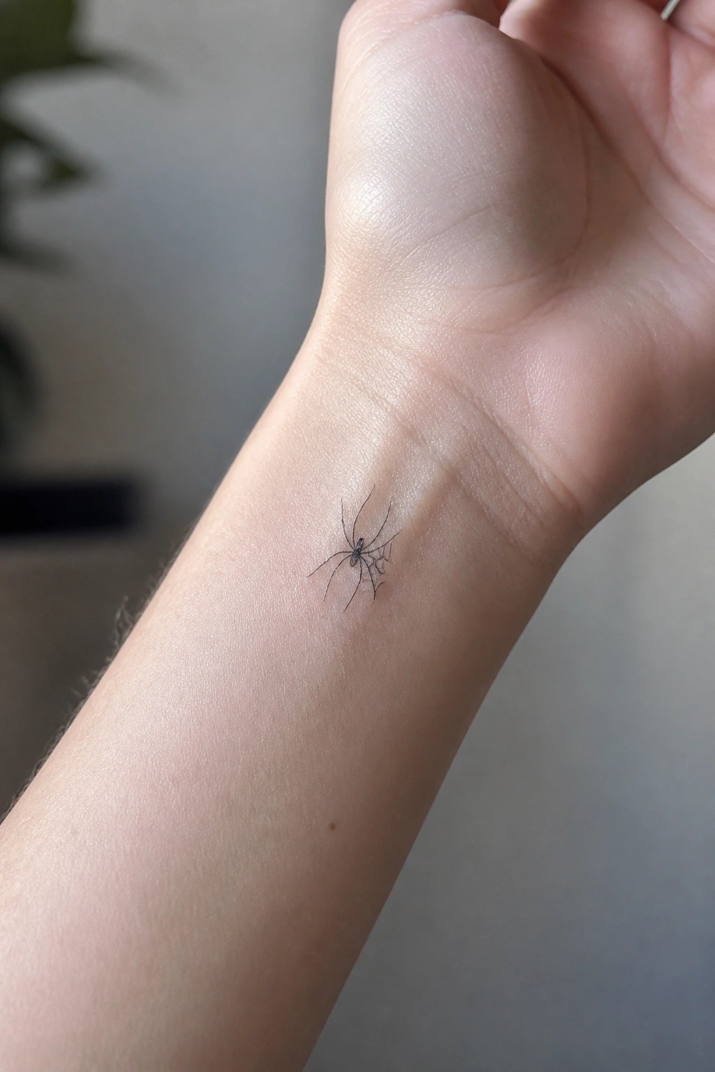 Fine line black spider and web tattoo on the inner wrist.