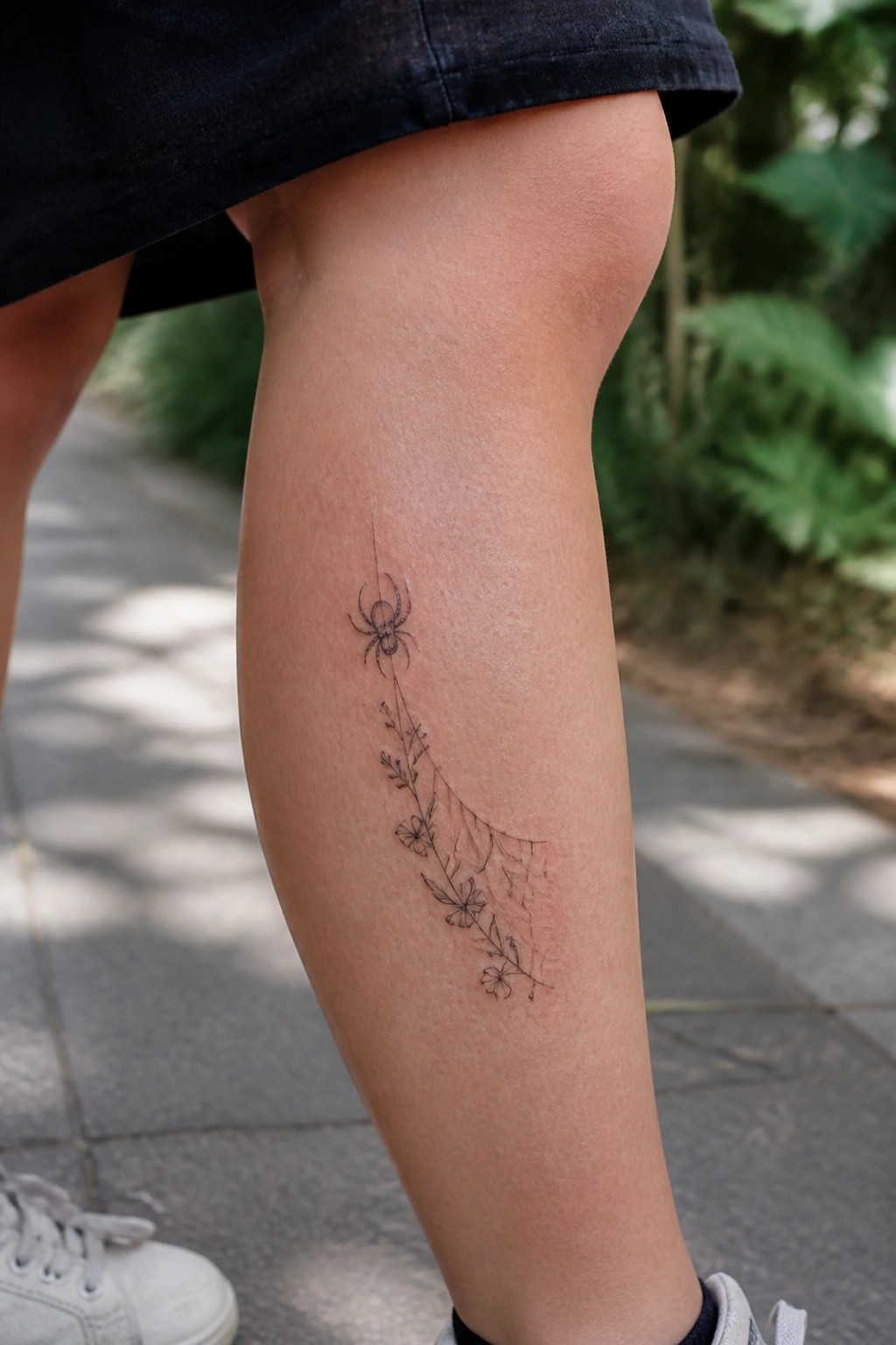 Spiderweb tattoo with spider and flowers on leg in black skirt and sneakers.