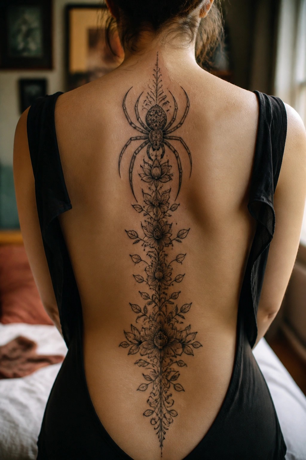 Woman's back with spider and lotus tattoo, wearing black open-back top