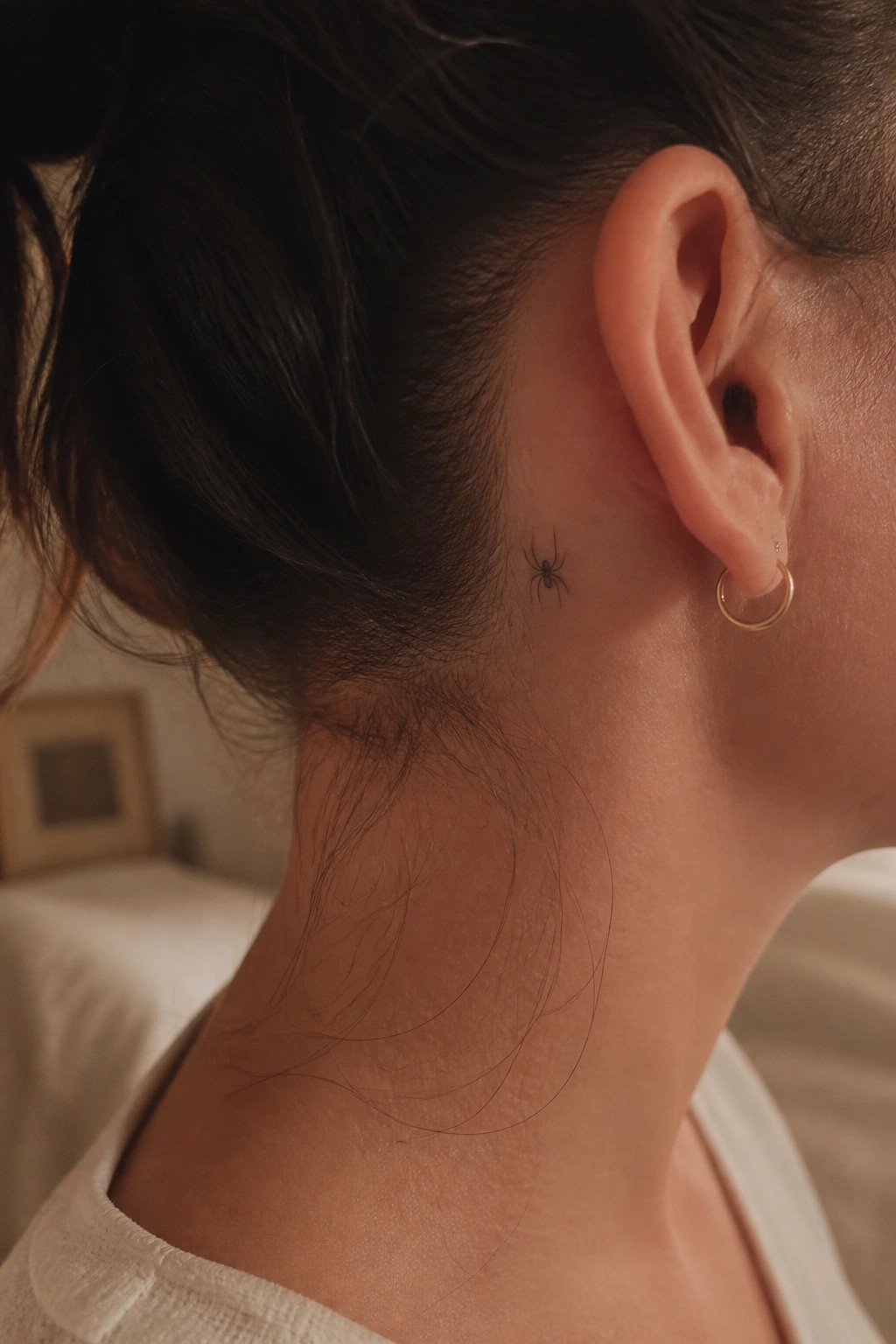 Woman's neck with spider tattoo behind ear, gold hoop earring, white top