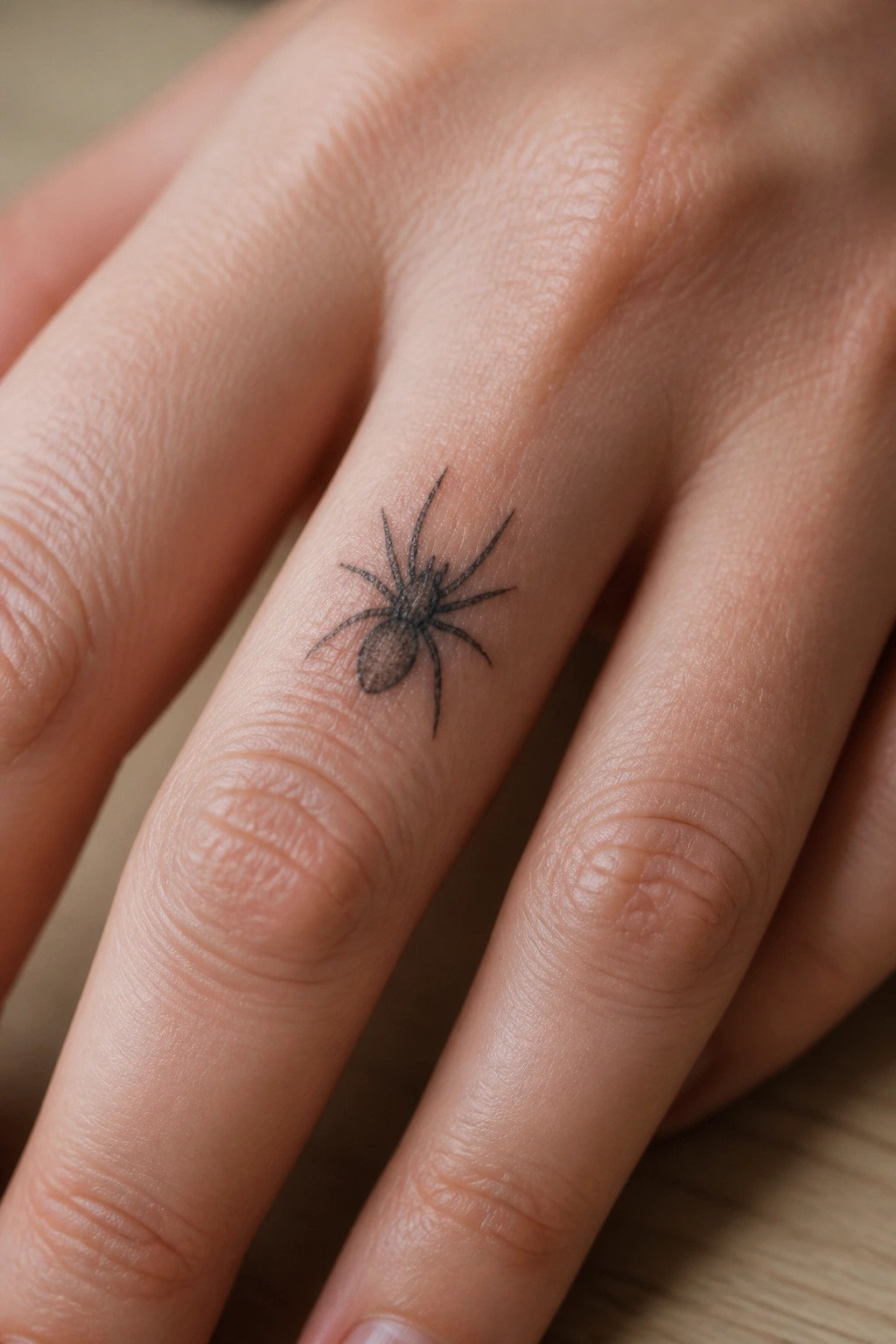 Close-up of a light-skinned hand with a small black spider tattoo on one finger.
