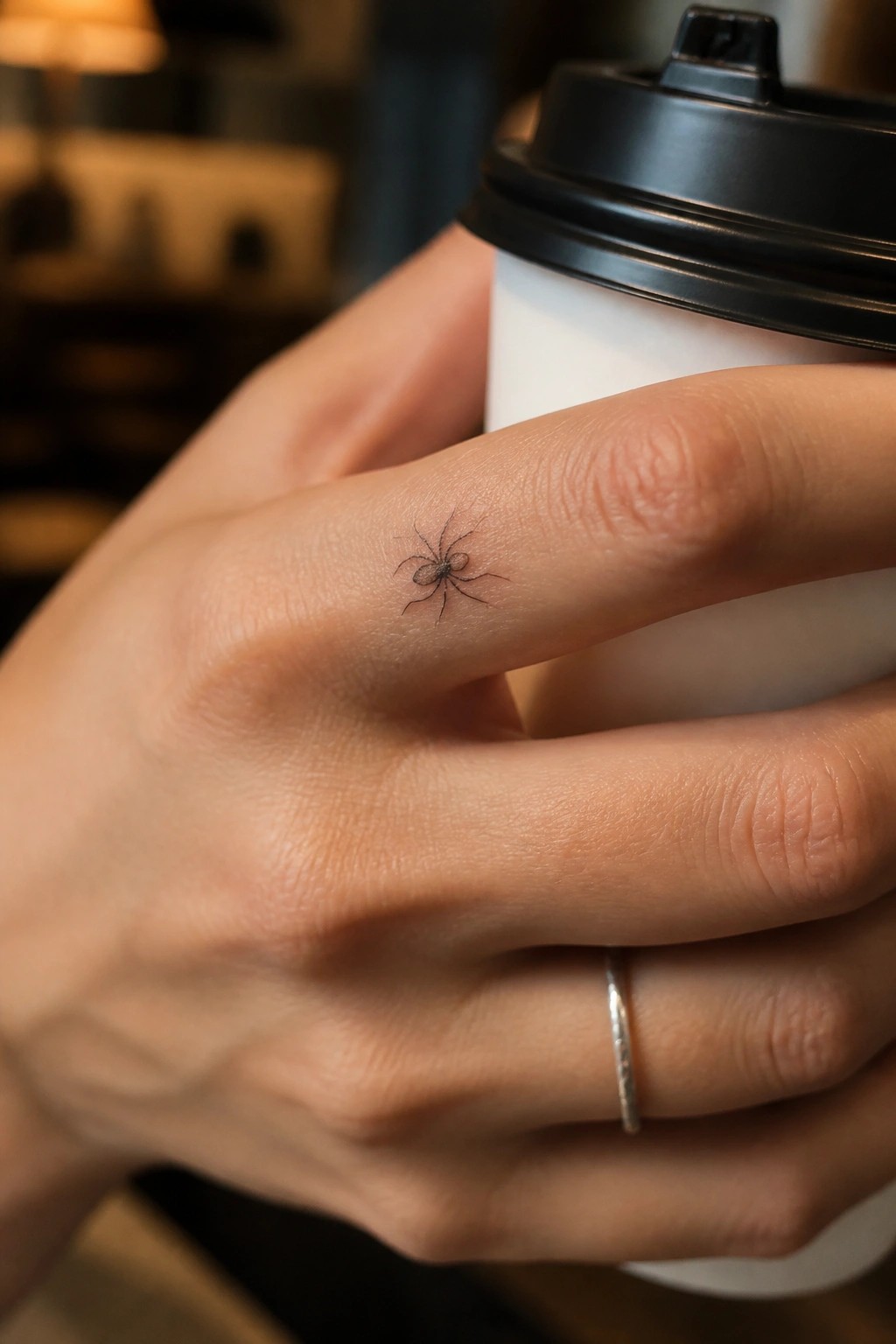 Small black spider tattoo on the side of a finger with simple linework.