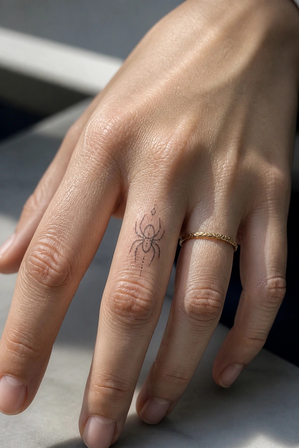 Light-skinned hand with black spider tattoo and thin gold ring on fingers.