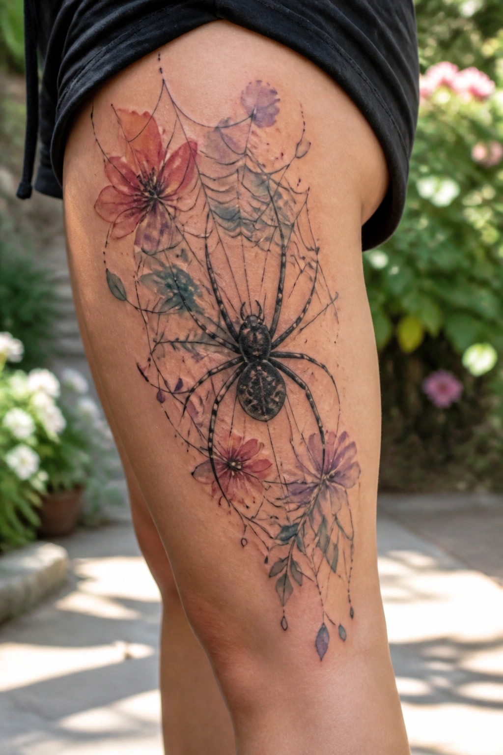 Black spider and web tattoo with red-purple watercolor flowers on thigh.