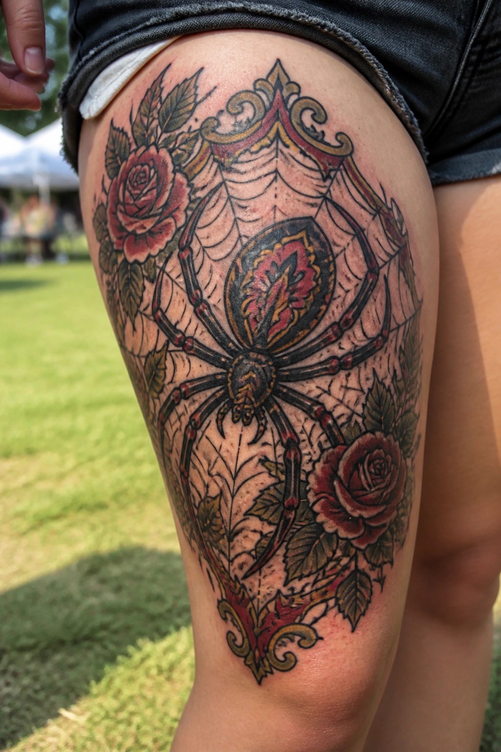 Colorful ornate spider web tattoo with red roses on thigh under black shorts