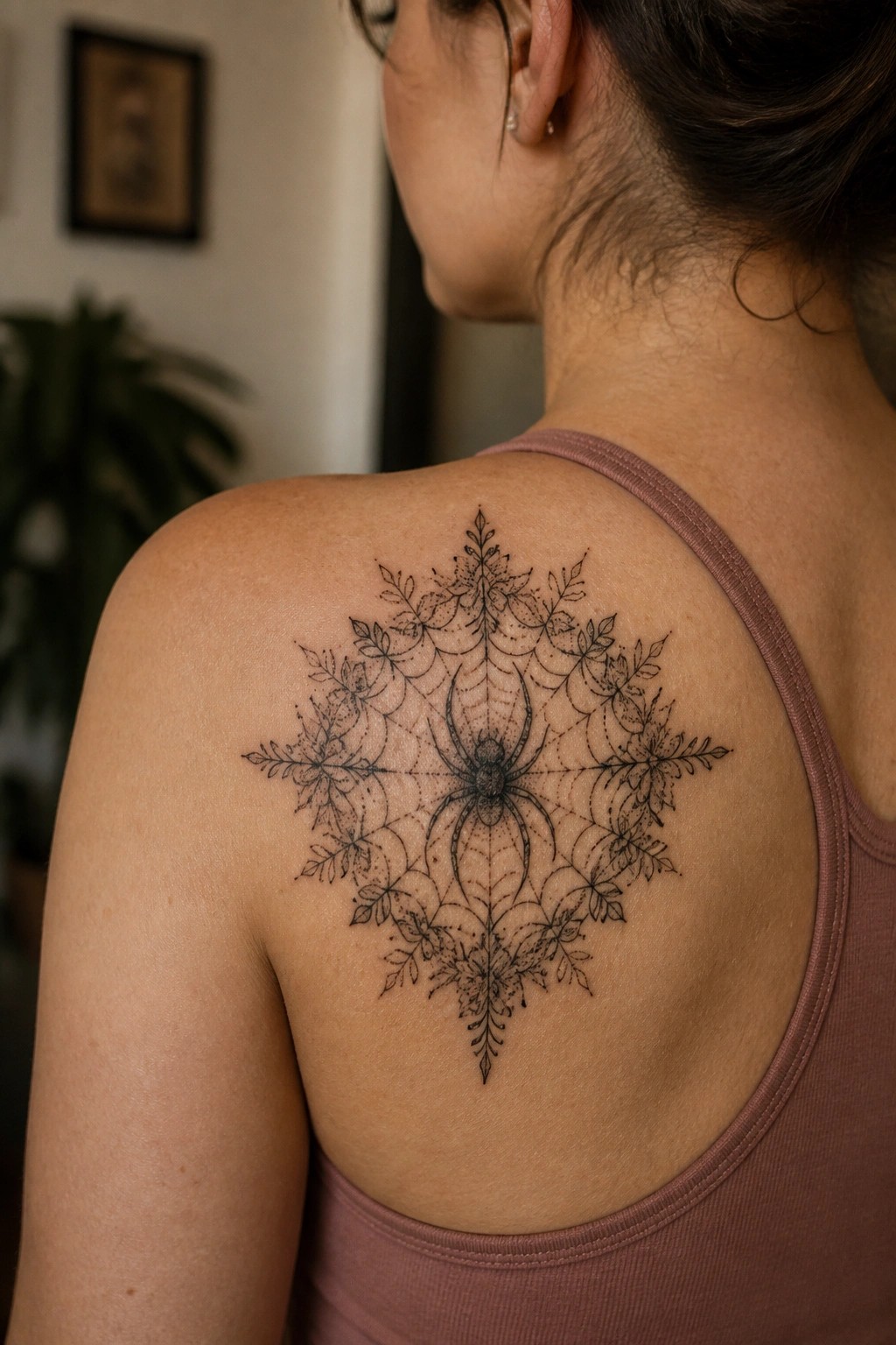 Intricate black spider web and floral tattoo on woman's upper back over mauve tank.
