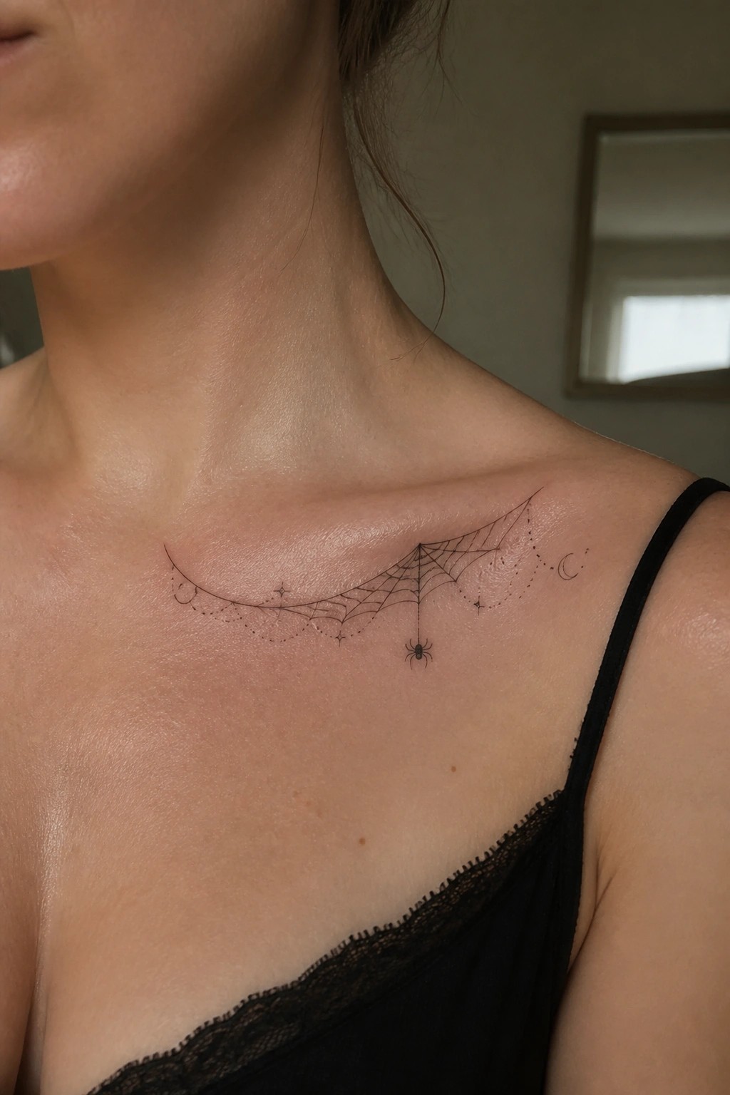 Spiderweb tattoo with spider, moons and stars on collarbone above black lace top