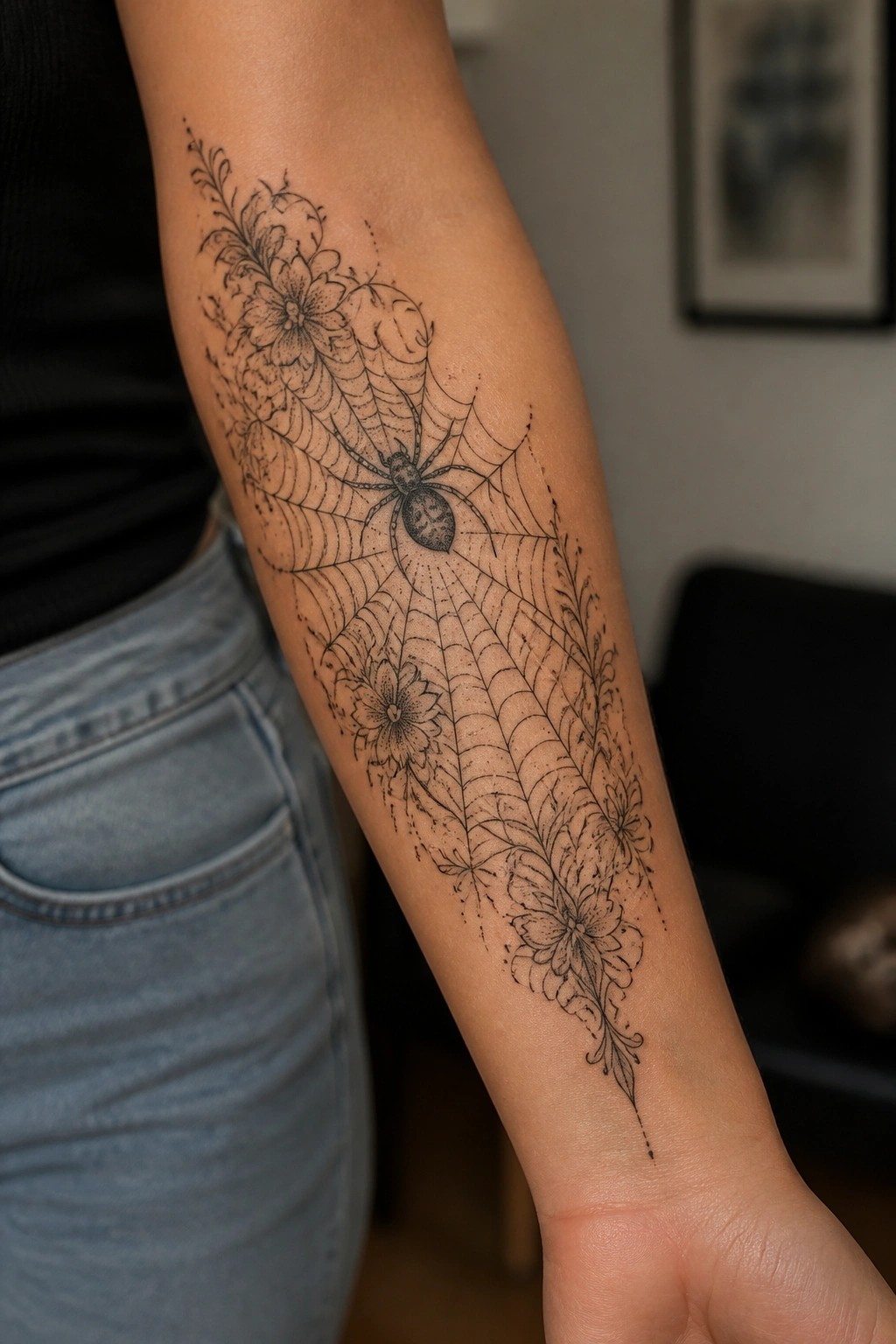 Intricate black spider web tattoo with flowers on forearm, black top and jeans.