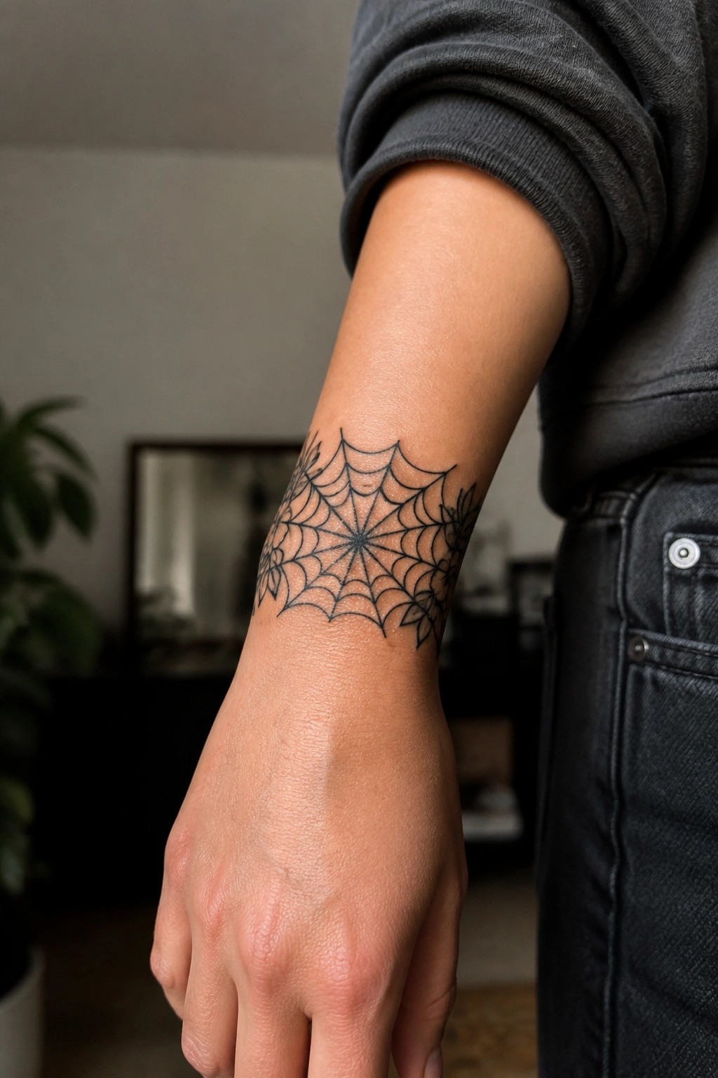 Spiderweb tattoo on wrist with floral details, gray shirt and dark jeans visible.