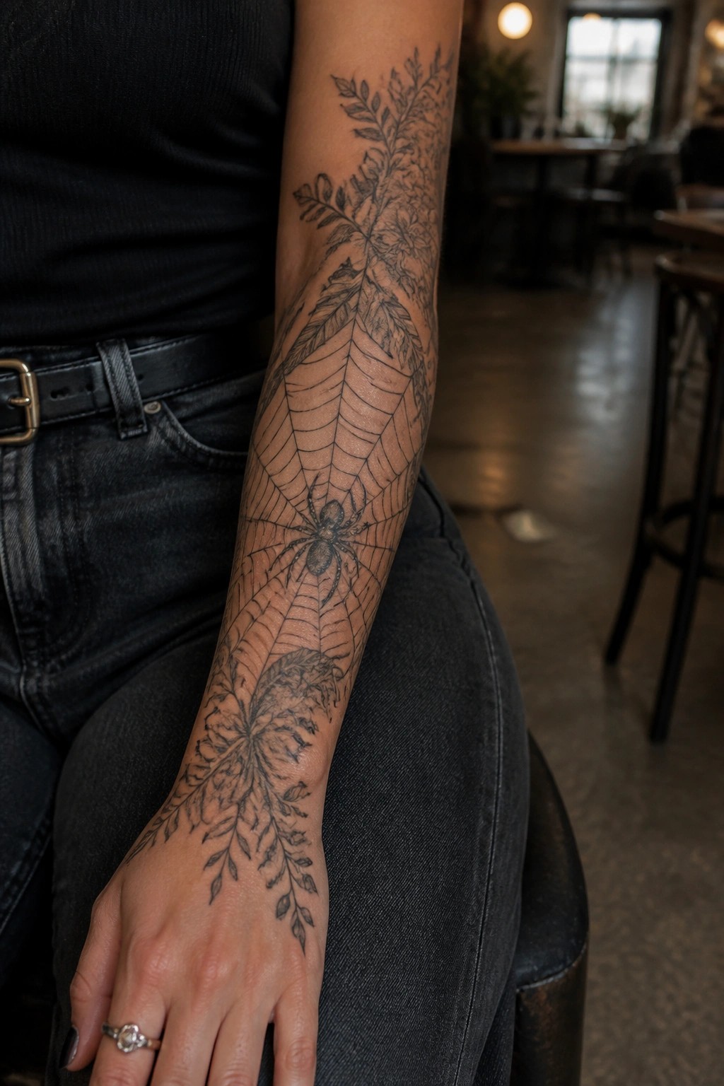 Large spiderweb tattoo with leaves on arm in black top and jeans