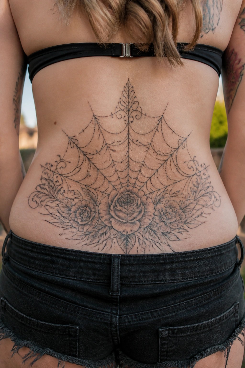 Black linework spider web tattoo with a central rose and side flowers covering a woman's lower back above the waistband.