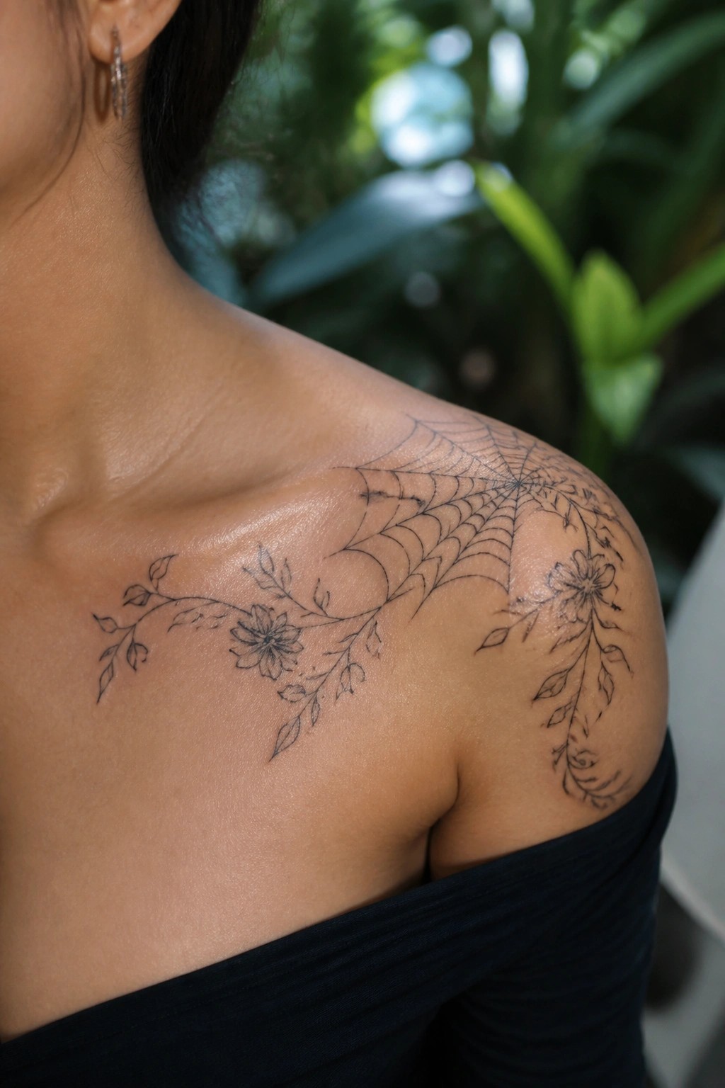 Woman's shoulder with spider web and floral tattoo on black off-shoulder top