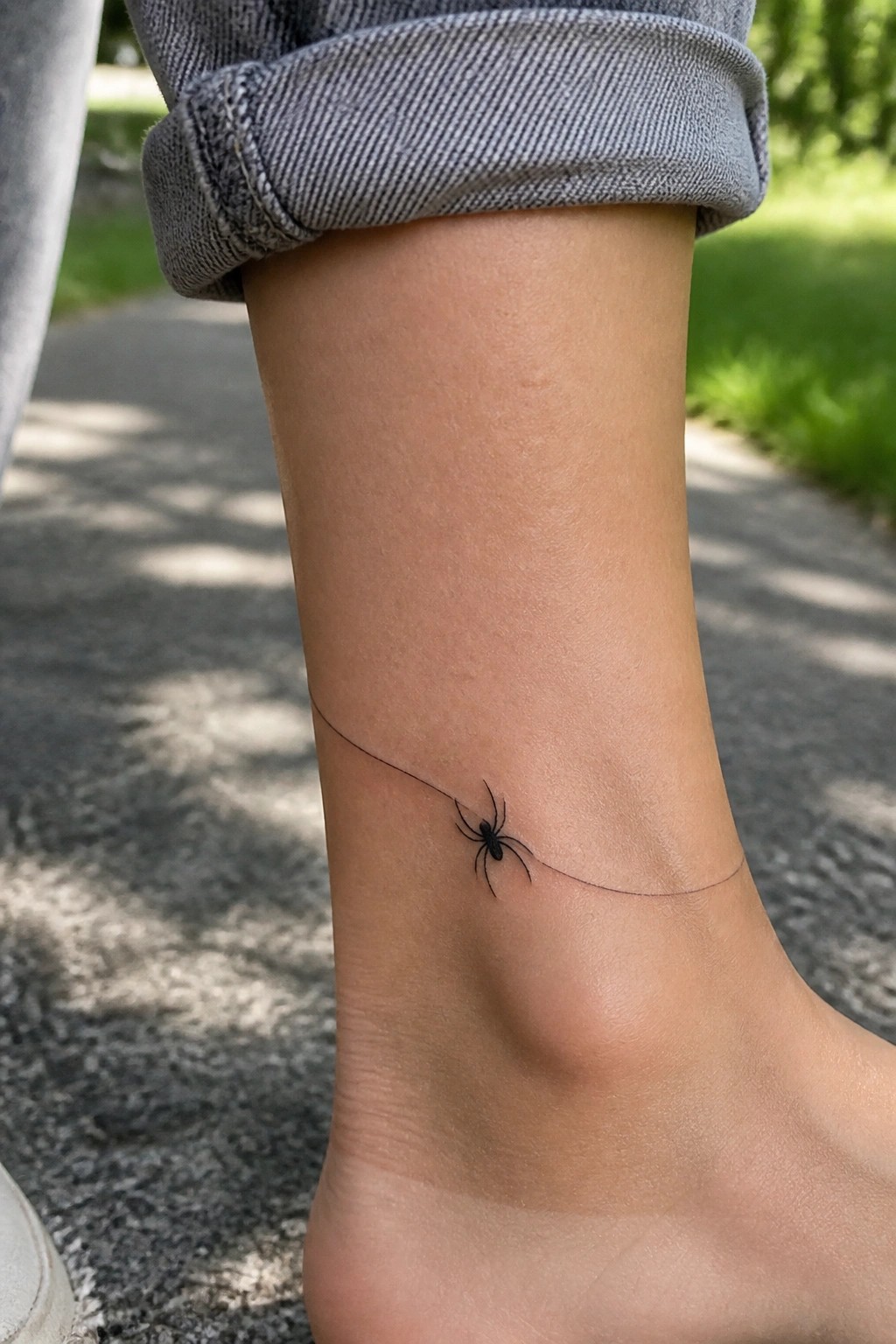 Minimalist black spider tattoo on the ankle connected by a single thin line across the skin.