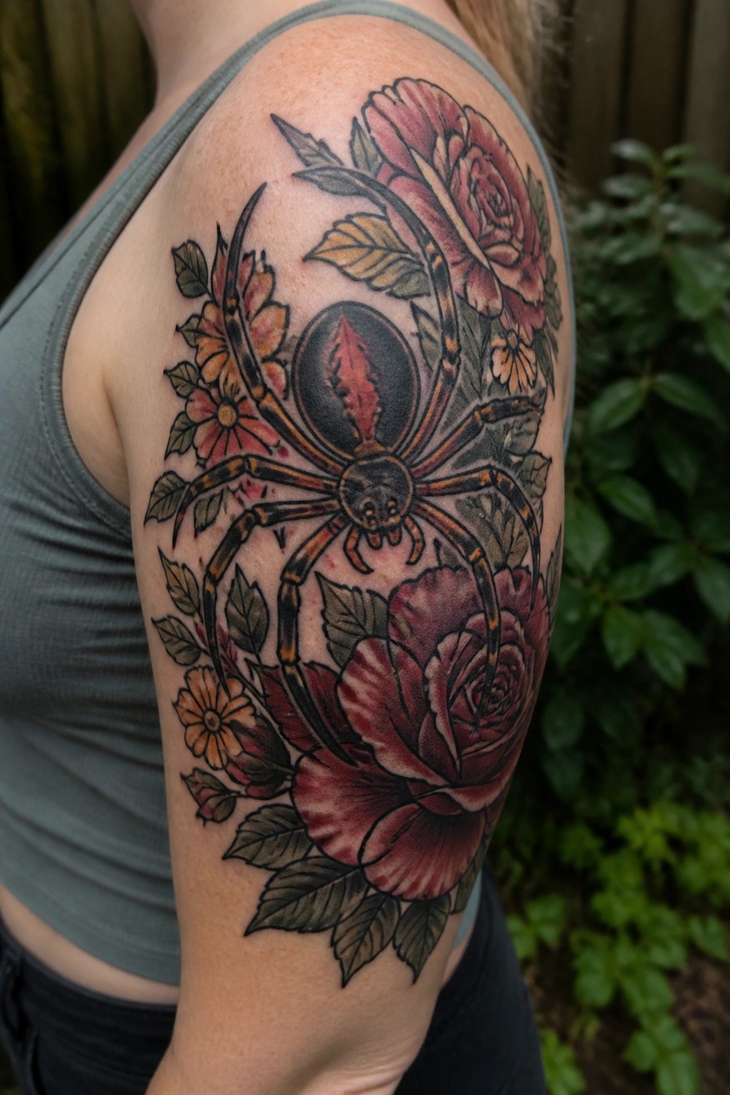 A large traditional spider tattoo with red and orange flowers and green leaves covering a woman's upper arm and shoulder.