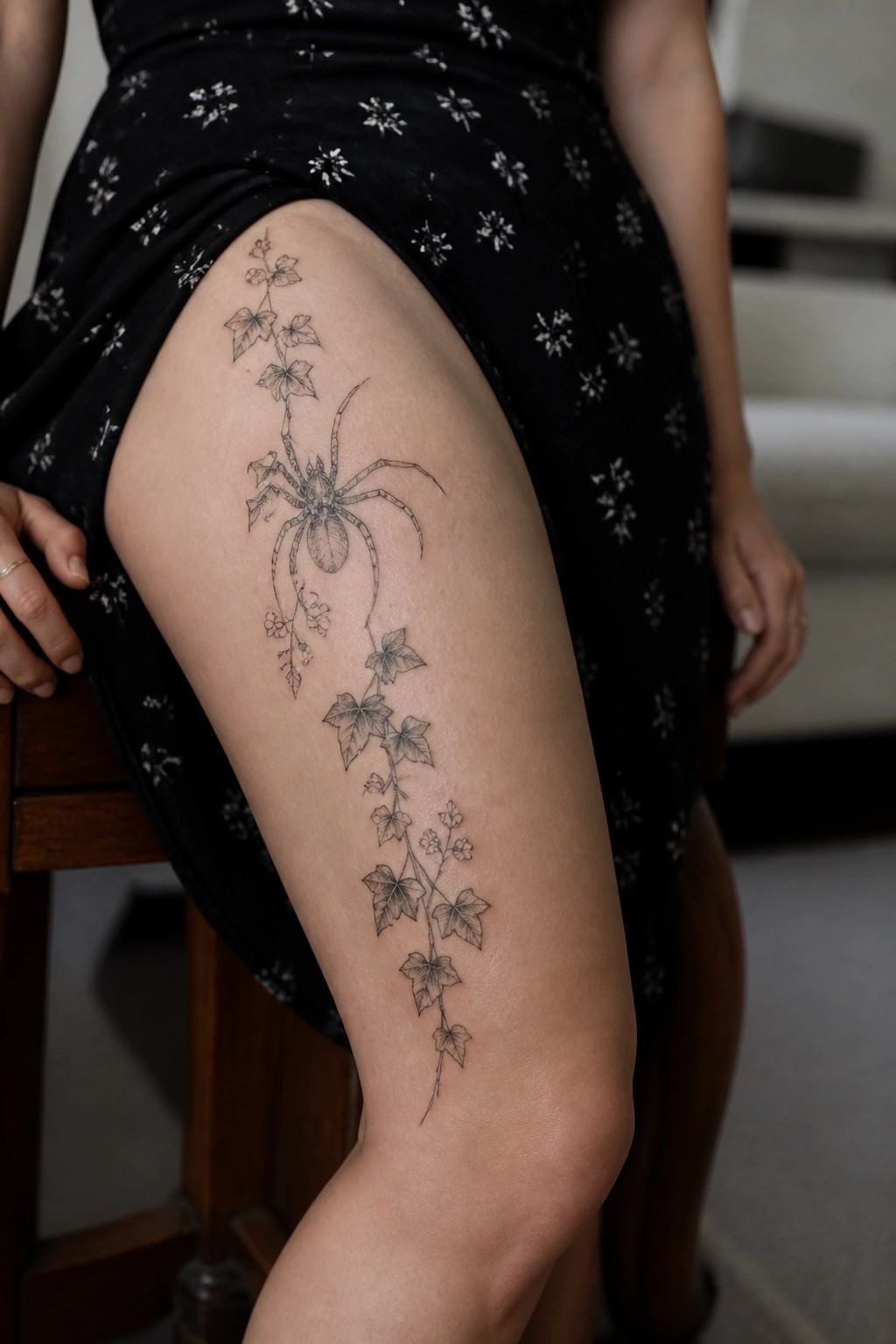 Spider and ivy tattoo on thigh under black floral dress