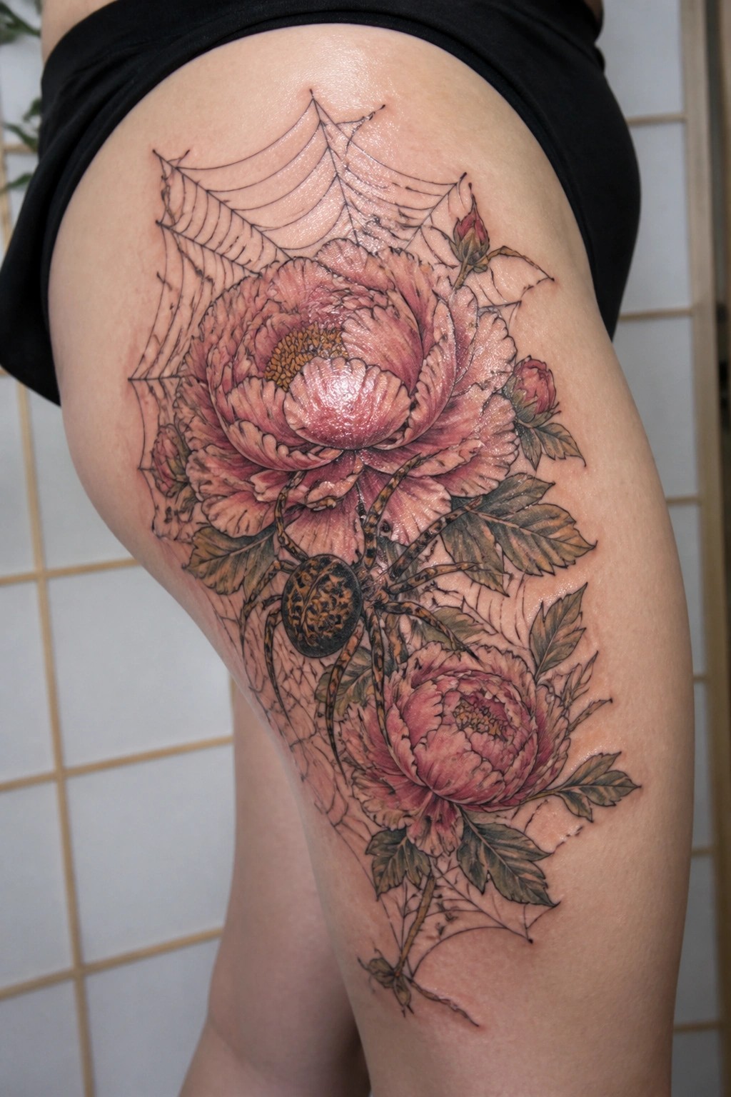 Pink peony flowers with spider and web tattoo on upper thigh