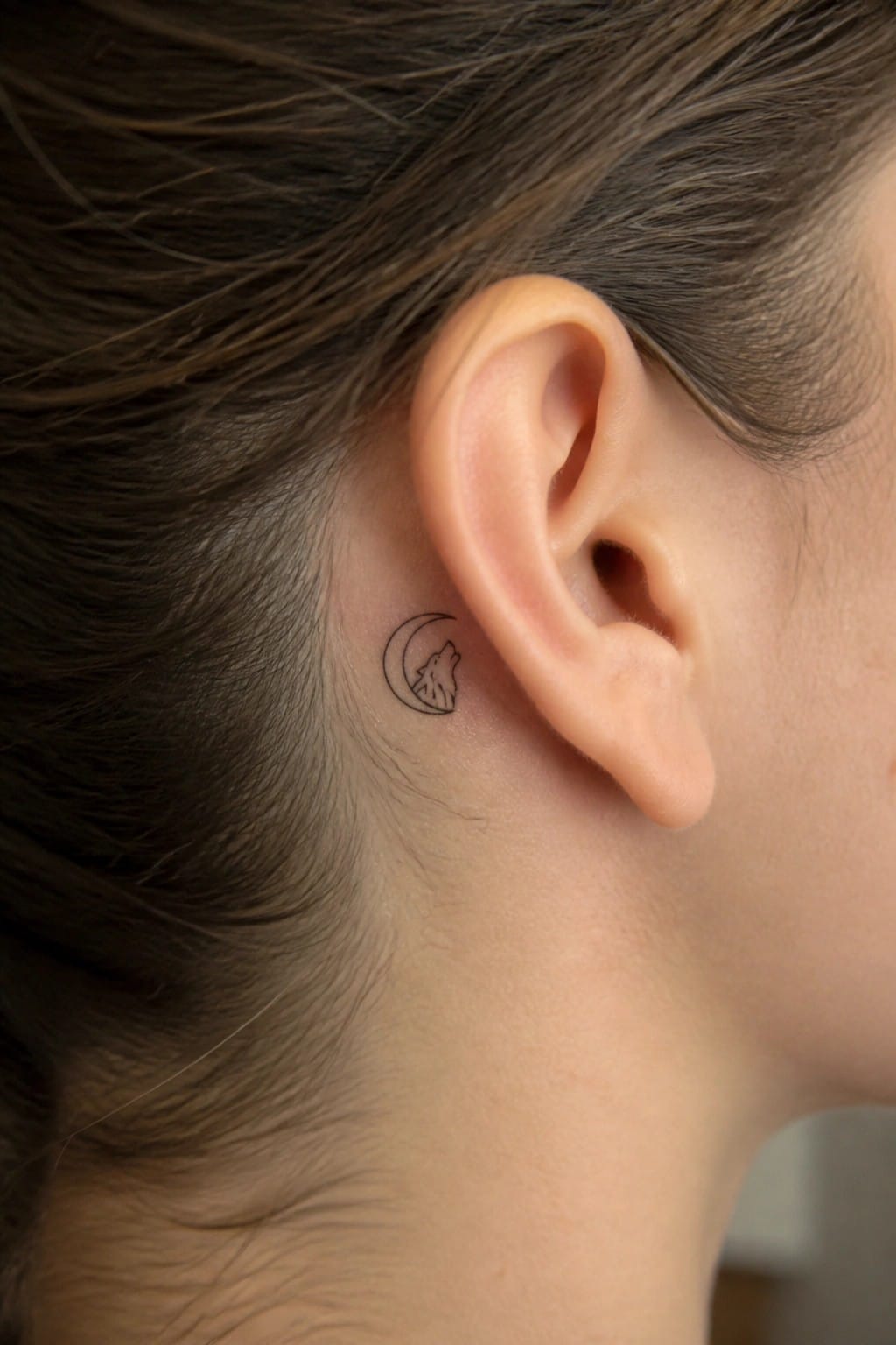 Small minimalist line tattoo of a wolf inside a crescent moon placed behind a woman's ear