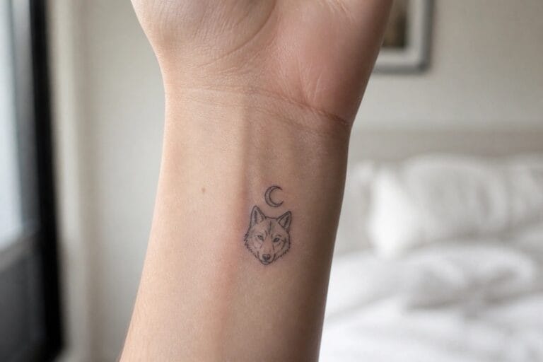 22 Dreamy Wolf and Moon Tattoo Ideas for Women Centered Around Mystery and Intuition Small fine line wolf head with crescent moon tattoo on inner wrist